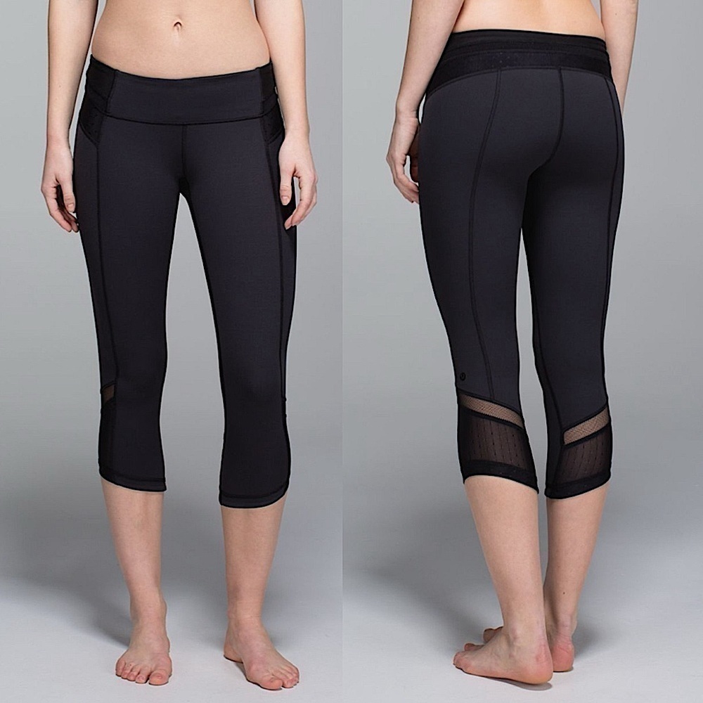 Lululemon Just Breathe Black Crop 21.5” Mesh Dot Mid Rise Athletic Leggings Sz 4
